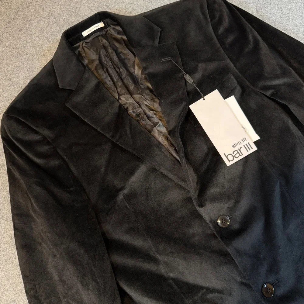 Bar III Mens Slim Fit Black Velvet Blazer Sport Coat Jacket 38R New With Tags